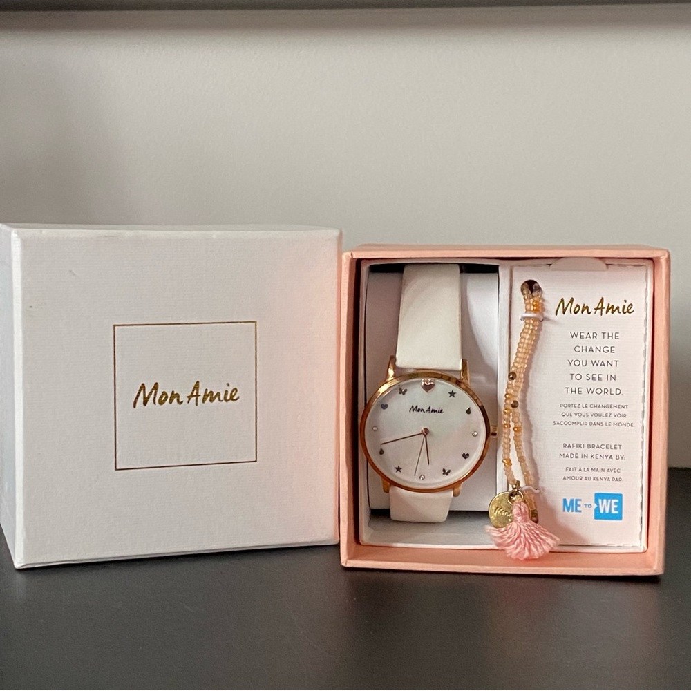 Mon Amie Iconic Health White Leather Watch and Bracelet Set